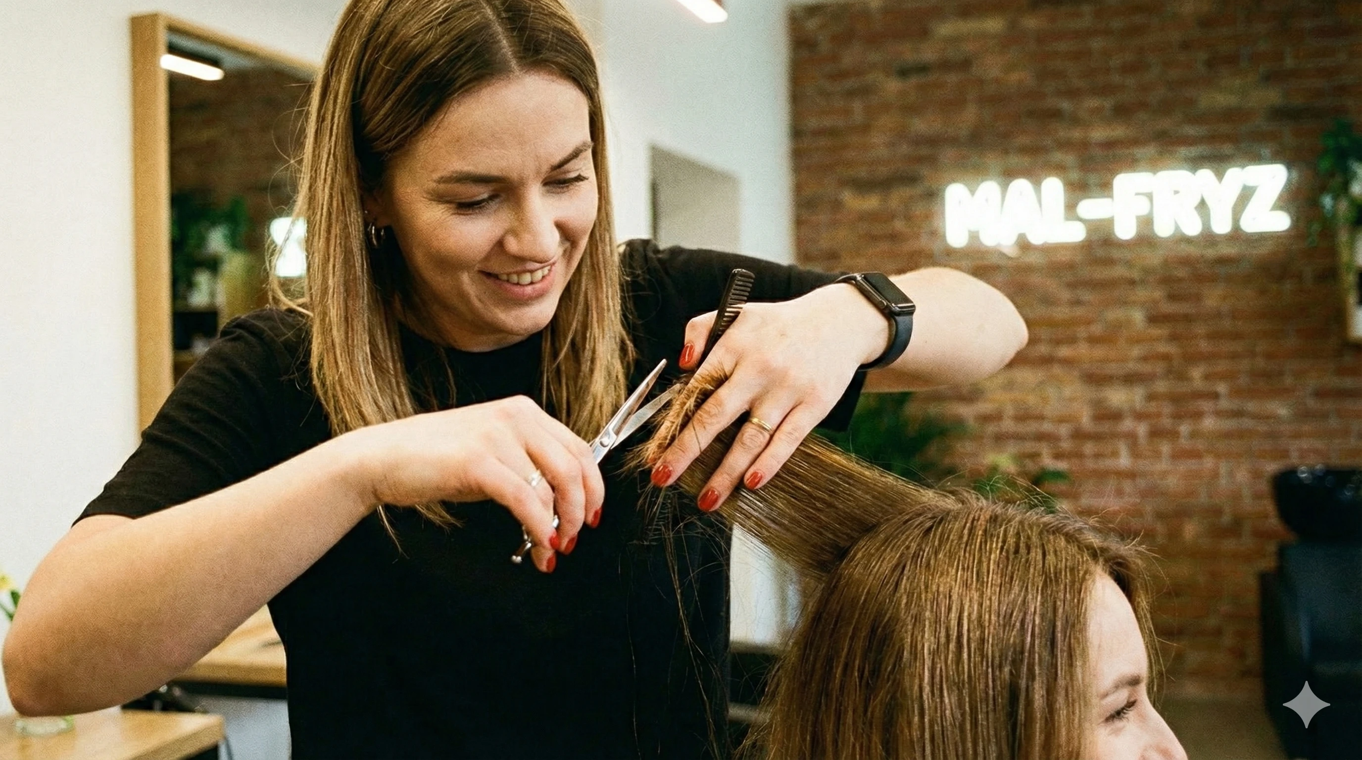 Malwina Piotrowska podczas precyzyjnego strzyżenia włosów w salonie MAL-FRYZ w Kutnie